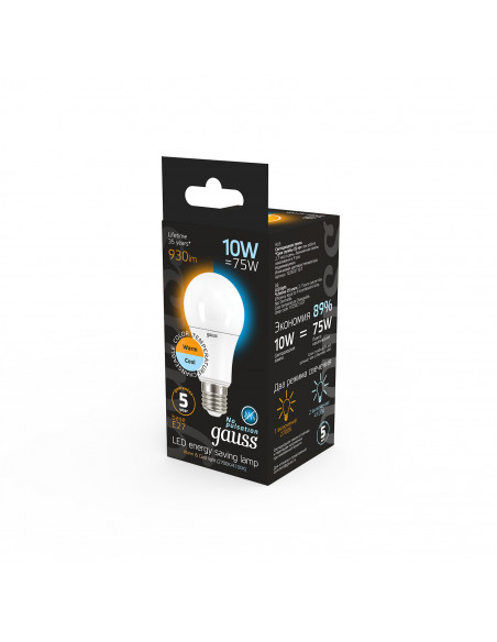 Лампа Gauss A60 10W 930lm 2700K/4100K E27 изм.цвет.темп. LED 1/10/50