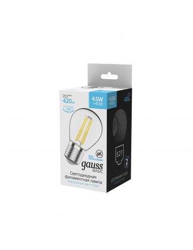 Лампа Gauss Basic Filament Шар 4,5W 420lm 4100К...
