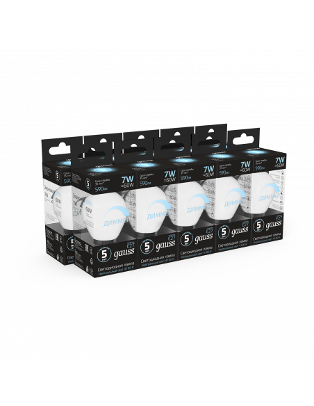 Лампа Gauss Шар 7W 590lm 4100К Е27 диммируемая LED 1/10/100