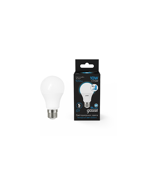 Лампа Gauss A60 10W 920lm 6500K Е27 шаг. диммирование LED 1/10/50