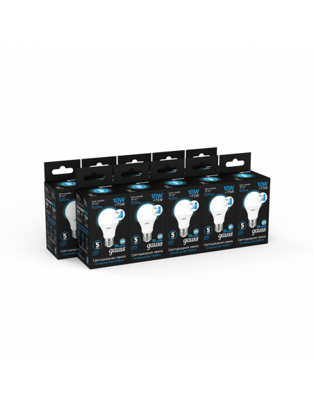 Лампа Gauss A60 10W 920lm 6500K Е27 шаг. диммирование LED 1/10/50