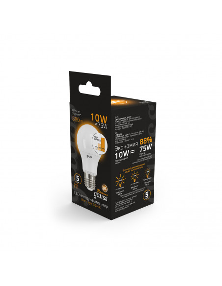Лампа Gauss A60 10W 880lm 3000K E27 шаг. диммирование LED 1/10/50