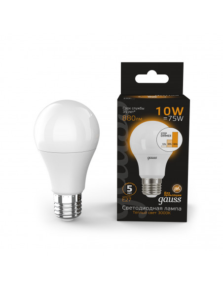 Лампа Gauss A60 10W 880lm 3000K E27 шаг. диммирование LED 1/10/50