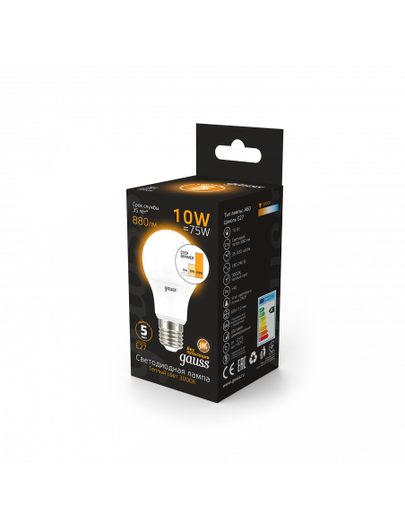 Лампа Gauss A60 10W 880lm 3000K E27 шаг. диммирование LED 1/10/50
