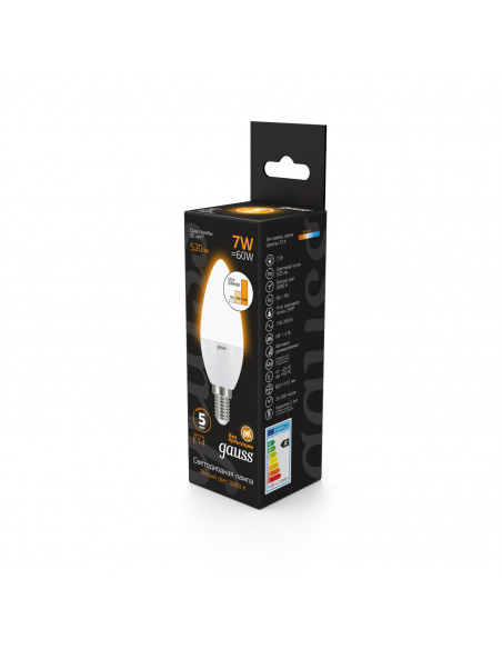 Лампа Gauss Свеча 7W 520lm 3000К E14 шаг. диммирование LED 1/10/100