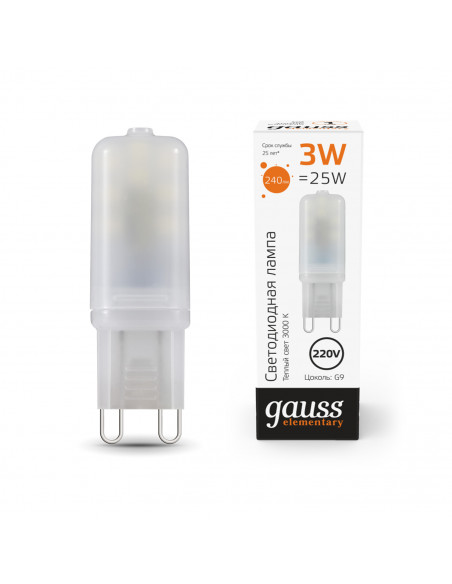 Лампа Gauss Elementary G9 AC220-240V 3W 240lm 3000K пластик LED 1/10/200