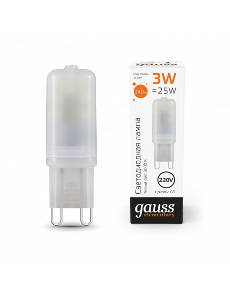 Лампа Gauss Elementary G9 AC220-240V 3W 240lm 3000K пластик LED 1/10/200