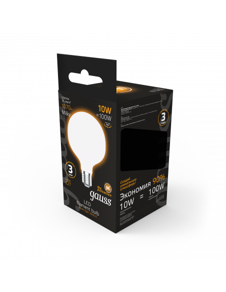 Лампа Gauss Filament G95 10W 1070lm 3000К Е27 milky LED 1/20