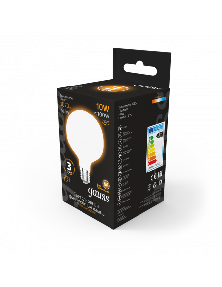 Лампа Gauss Filament G95 10W 1070lm 3000К Е27 milky LED 1/20