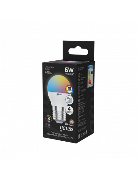 Лампа Gauss Шар G45 6W E27 RGBW+димирование LED 1/100