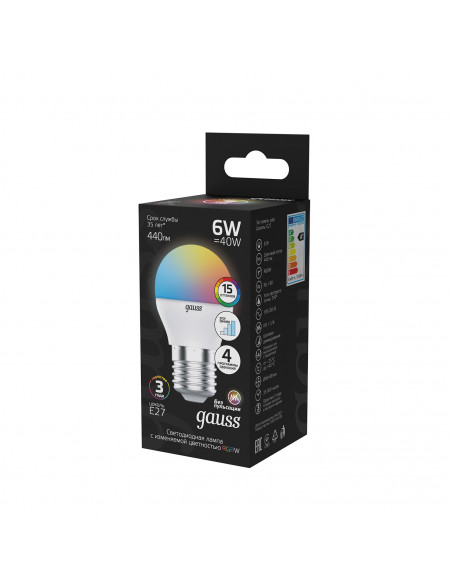 Лампа Gauss Шар G45 6W E27 RGBW+димирование LED 1/100