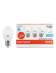 Лампа Gauss Elementary Шар 7W 470lm 4100K E27 (3 лампы в...