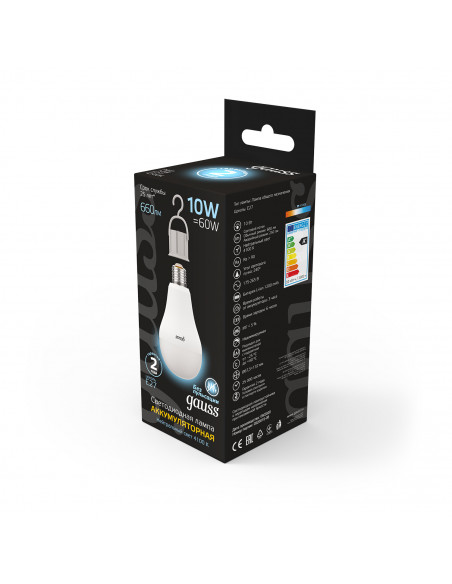 Лампа Gauss A60 10W 660lm 4100K E27 с Li-Ion аккумулятором LED 1/10/60
