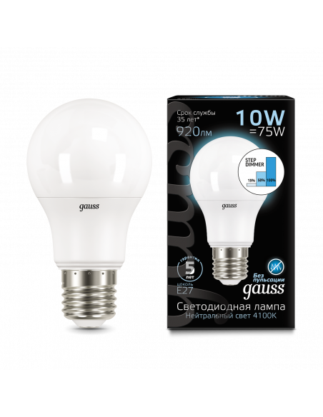 Лампа Gauss A60 10W 920lm 4100K E27 шаг. диммирование LED 1/10/50