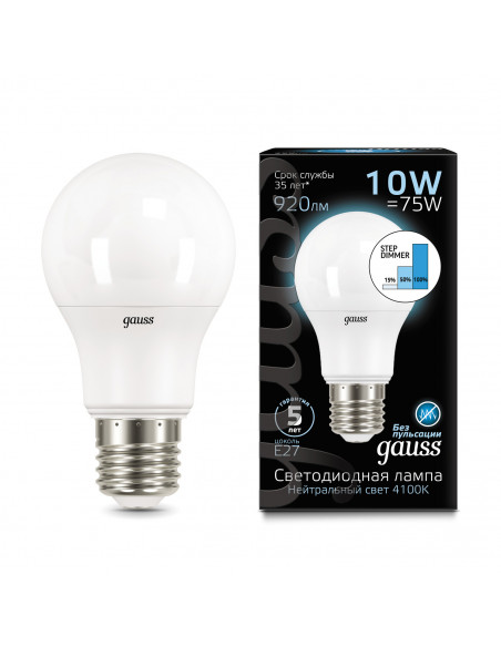 Лампа Gauss A60 10W 920lm 4100K E27 шаг. диммирование LED 1/10/50