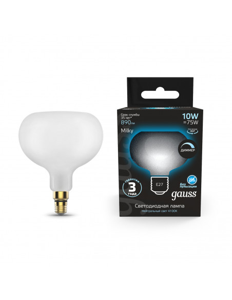 Лампа Gauss Filament А190 10W 890lm 4100К Е27 milky диммируемая LED 1/6