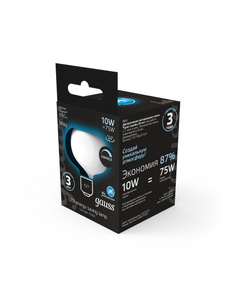 Лампа Gauss Filament А190 10W 890lm 4100К Е27 milky диммируемая LED 1/6