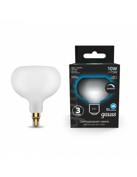 Лампа Gauss Filament А190 10W 890lm 4100К Е27 milky диммируемая LED 1/6