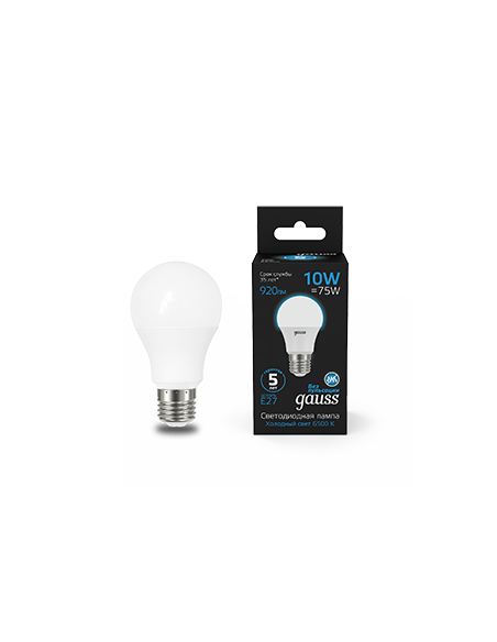 Лампа Gauss A60 10W 920lm 6500K E27 LED 1/10/50