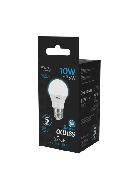 Лампа Gauss A60 10W 920lm 6500K E27 LED 1/10/50