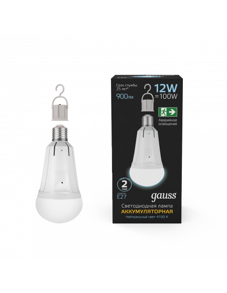Лампа Gauss A80 12W 900lm 4100K Е27 авар. с Li-Ion аккумулятором LED 1/5/50