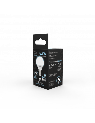 Упаковка 10 штук Лампа Gauss Шар 6.5W 550lm...