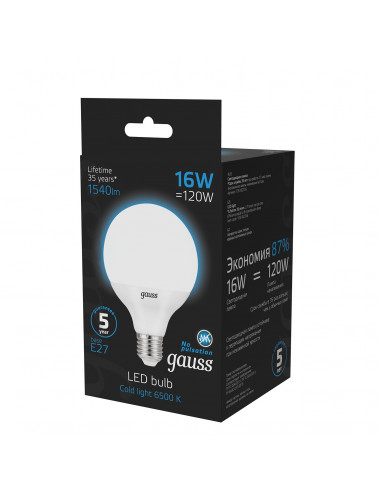Лампа Gauss G95 16W 1400lm 6500K E27 LED 1/20
