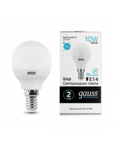 Лампа Gauss Elementary Шар 10W 730lm 4100K Е14 LED 1/10/100