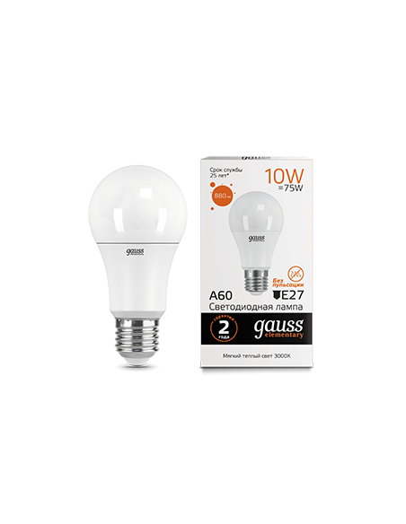 Упаковка 10 штук Лампа Gauss Elementary A60 10W 880lm 3000K Е27 LED 1/10/50