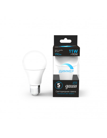 Лампа Gauss A60 11W 990lm 6500К E27 диммируемая LED 1/10/50