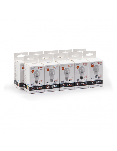 Упаковка 10 штук Лампа Gauss Elementary A60 10W 880lm 3000K Е27 LED 1/10/50