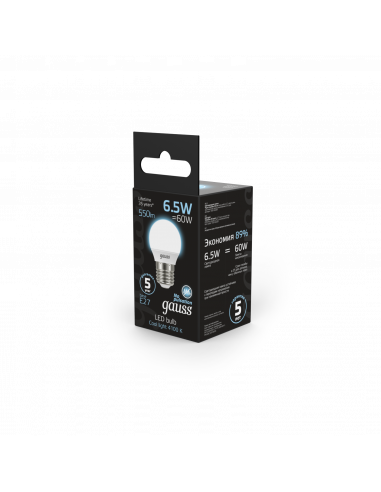 Упаковка 10 штук Лампа Gauss Шар 6.5W 550lm...