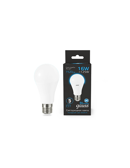 Лампа Gauss A60 16W 1520lm 6500K E27 LED 1/10/50
