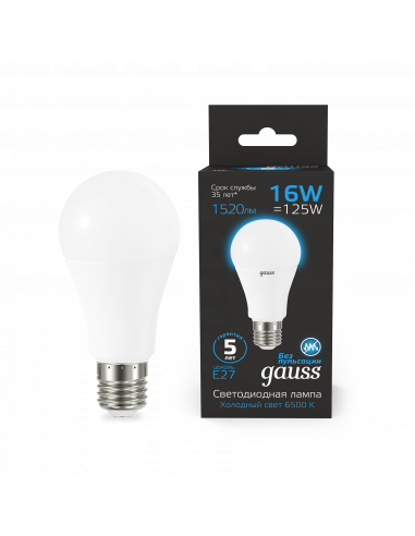 Лампа Gauss A60 16W 1520lm 6500K E27 LED 1/10/50