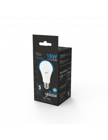 Лампа Gauss A60 16W 1520lm 6500K E27 LED 1/10/50
