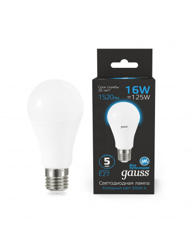 Лампа Gauss A60 16W 1520lm 6500K E27 LED 1/10/50