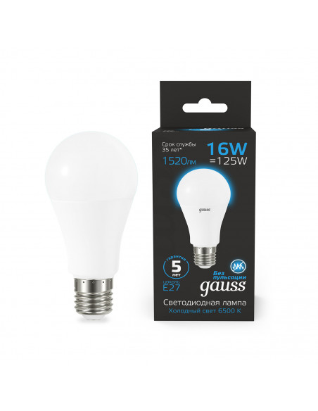 Лампа Gauss A60 16W 1520lm 6500K E27 LED 1/10/50