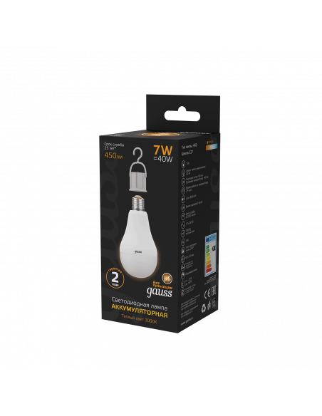Лампа Gauss A60 7W 450lm 3000K E27 с Li-Ion аккумулятором LED 1/10/60