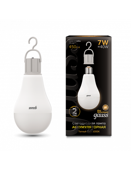 Лампа Gauss A60 7W 450lm 3000K E27 с Li-Ion аккумулятором LED 1/10/60