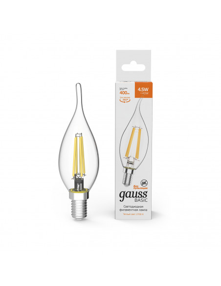 Лампа Gauss Basic Filament Свеча на ветру 4,5W 400lm 2700К Е14 LED 1/10/50