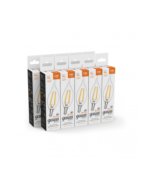Лампа Gauss Basic Filament Свеча на ветру 4,5W 400lm 2700К Е14 LED 1/10/50