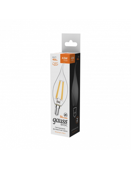 Лампа Gauss Basic Filament Свеча на ветру 4,5W 400lm 2700К Е14 LED 1/10/50