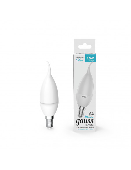 Лампа Gauss Basic Свеча на ветру 5,5W 420lm 4100K E14 LED 1/10/50