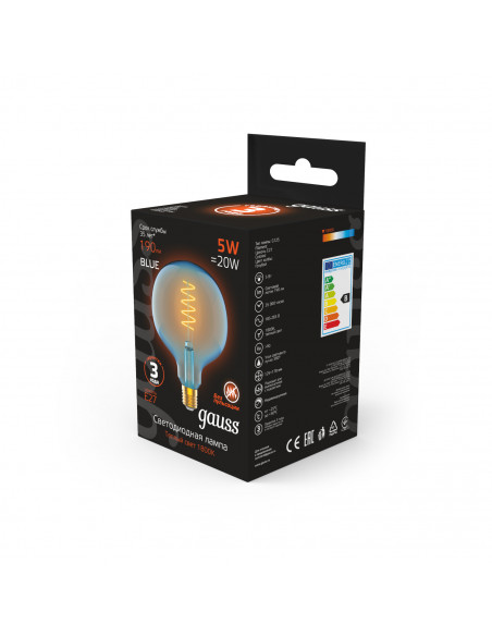 Лампа Gauss Filament G125 5W 190lm 1800К Е27 sky blue flexible LED 1/10
