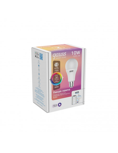 Лампа Gauss Smart Home A60 10W 1055lm 2700-6500К E27 RGBW+изм.цвет.темп.+диммирование LED 1/10/40