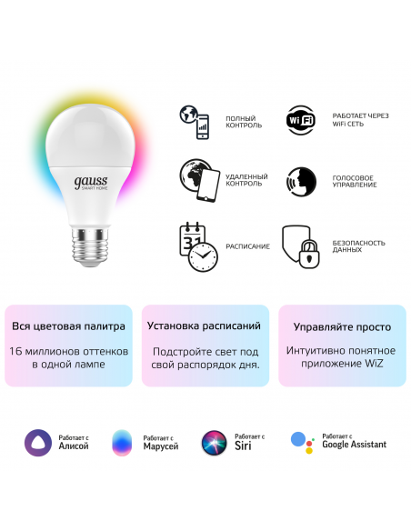Лампа Gauss Smart Home A60 10W 1055lm 2700-6500К E27 RGBW+изм.цвет.темп.+диммирование LED 1/10/40