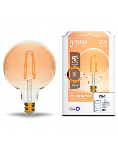 Лампа Gauss Smart Home Filament G95 7W 740lm 2500К E27 диммируемая LED 1/40