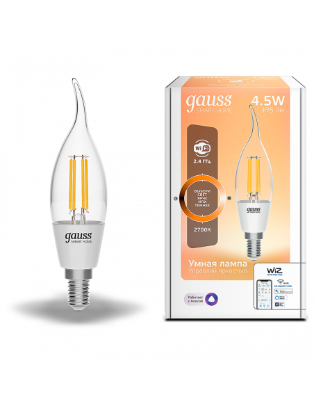 Лампа Gauss Smart Home Filament СF35 4,5W 495lm 2700К E14 диммируемая LED 1/10/40