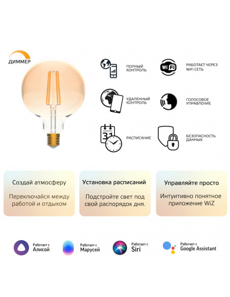 Лампа Gauss Smart Home Filament G95 6,5W 720lm 2000-5500К E27 изм.цвет.темпр.+диммирование LED 1/40