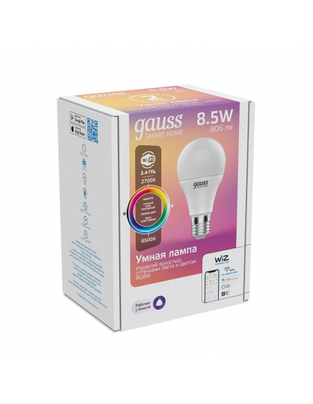 Лампа Gauss Smart Home A60 8,5W 806lm 2700-6500К E27 RGBW+изм.цвет.темп.+диммирование LED 1/10/40